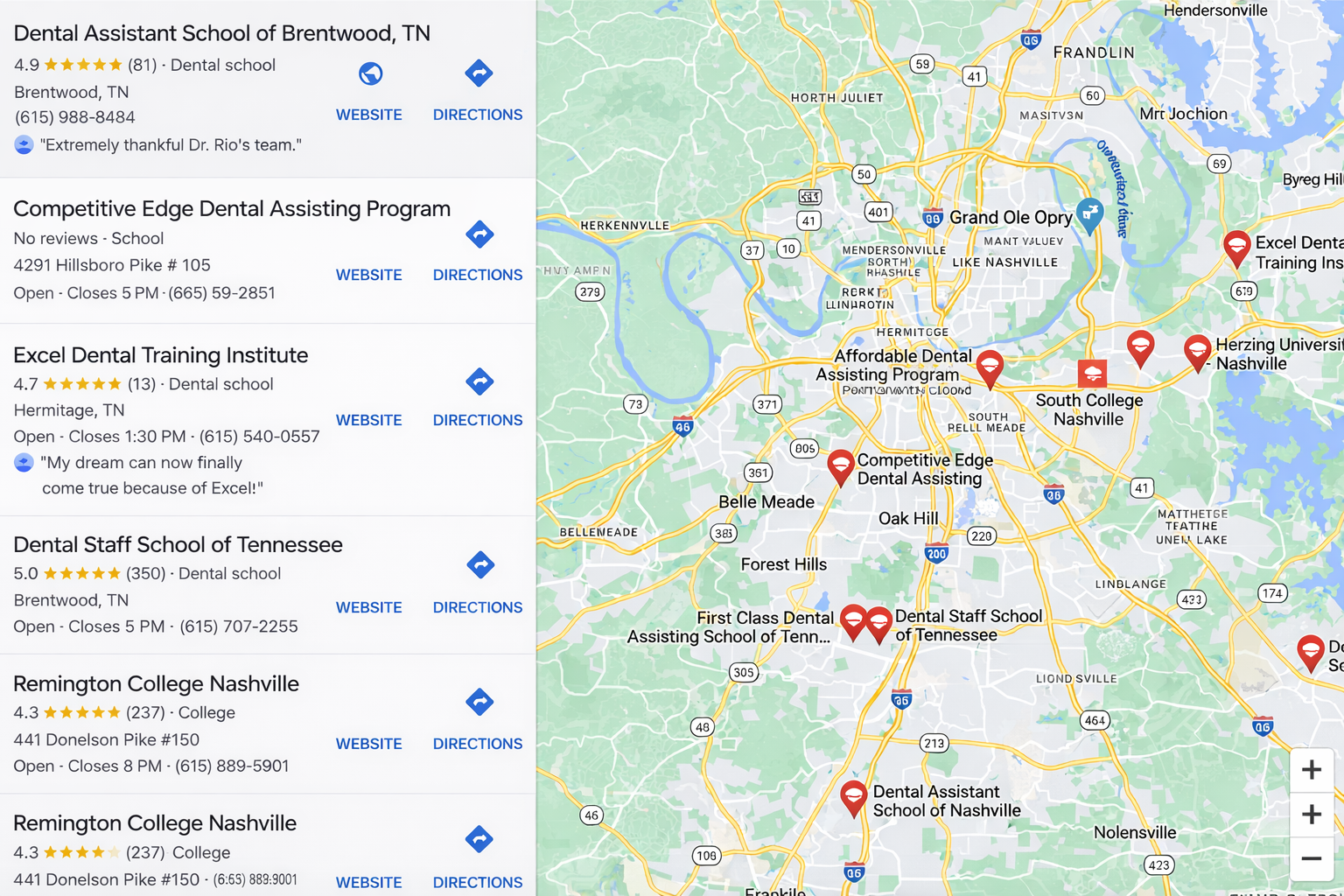 Nashville dental assisting school landscape - Google Maps showing multiple competing schools including Dental Assistant School of Brentwood, Competitive Edge Dental Assisting, Excel Dental Training Institute, Dental Staff School of Tennessee, and First Class Dental Assisting School of Tennessee